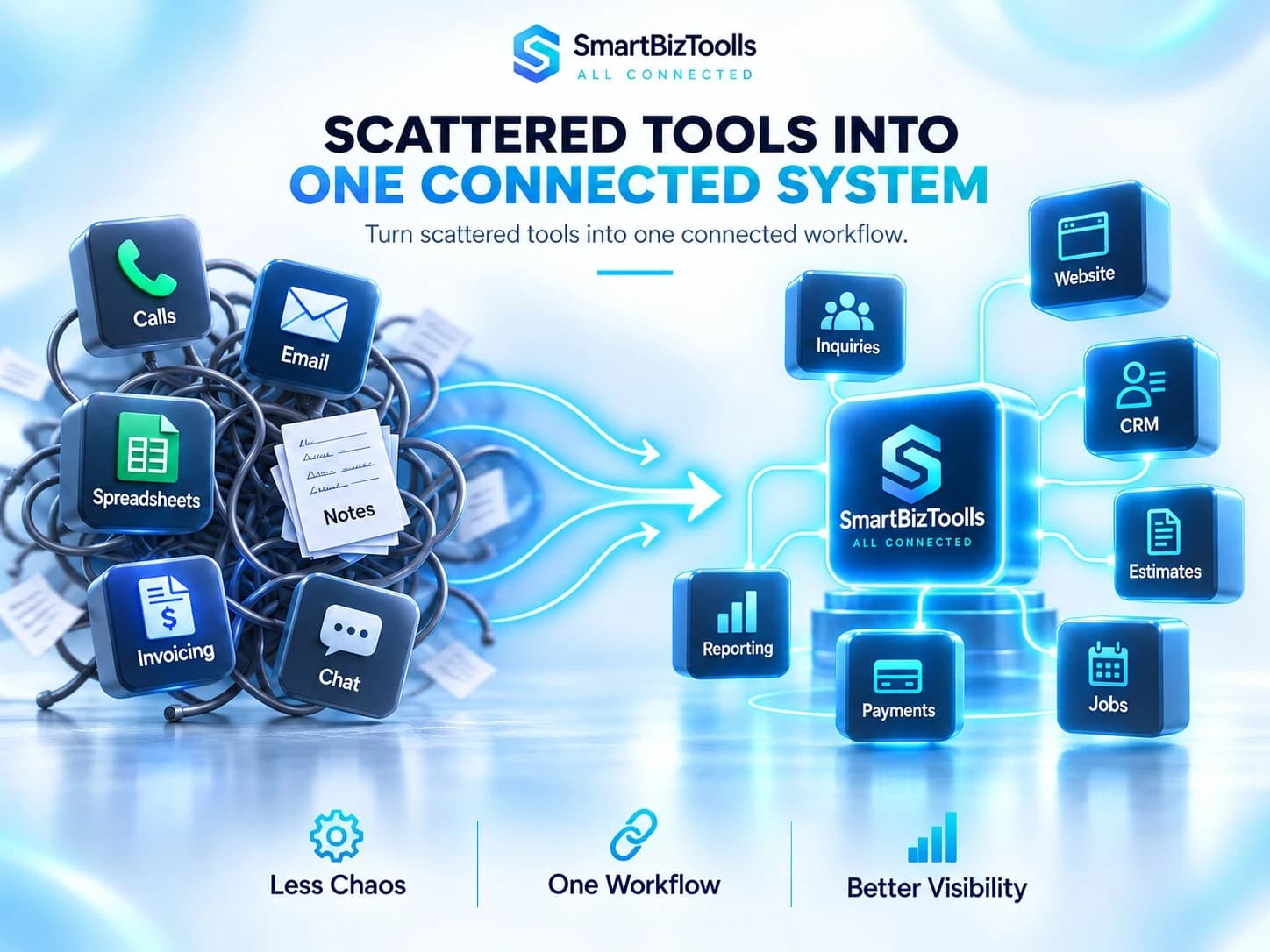 Scattered business tools flowing into one connected SmartBizToolls workflow